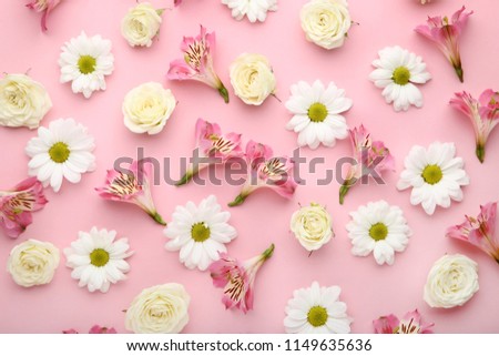 Chrysanthemum, rose and alstroemeria flowers on pink background