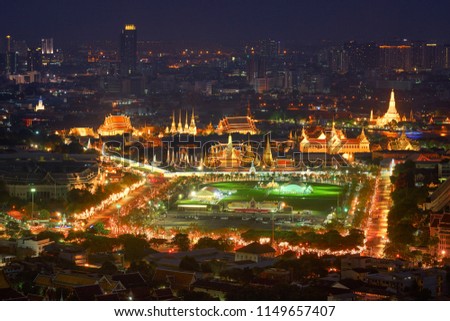 scenic of aerial view of royal grand palace and night cityscape background in ceremony for king birthday 