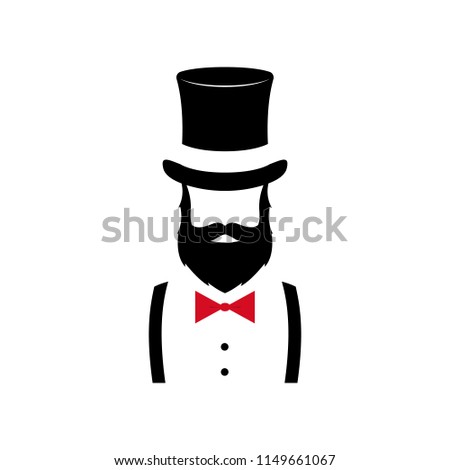 Minimalist portrait of Man with beard, wearing old-style hat and bow tie. Gentleman. Vector illustration.