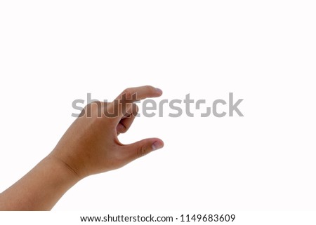 Left hand holding something like a bottle or smartphone on white backgrounds, isolated