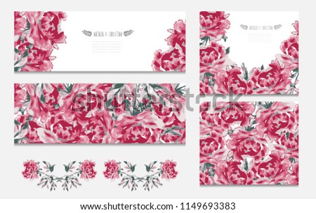 Elegant cards with decorative peony flowers, design elements. Can be used for wedding, baby shower, mothers day, valentines day, birthday cards, invitations, greetings. Vintage decorative flowers.