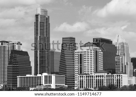 Black and white photo of downtown Austin, TX during spring, 2017.  The Austin skyline is changing rapidly and most photos are in color.  But I like the raw retro look of the city in black and white.