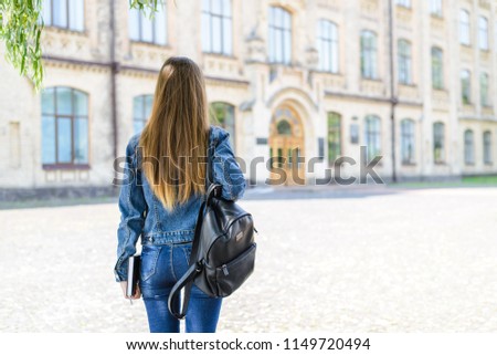 Assistance trainee job work worker interview people concept. Rear behind close up view photo portrait of nice attractive girl starting new career in big company entering looking at doors