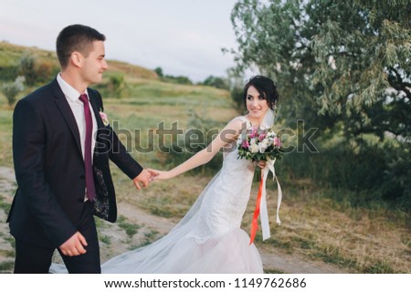 Beautiful newlyweds go hand in hand against a background of green grass. A wedding portrait of a smiling groom and bride with a long veil.