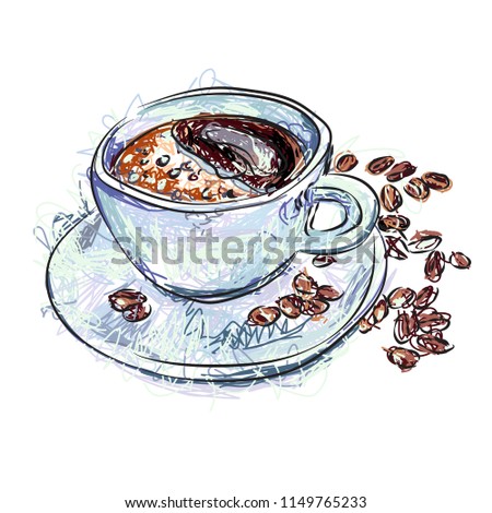 A cup of coffee, hand drowning sketch with coffee cup and  beans, vector
