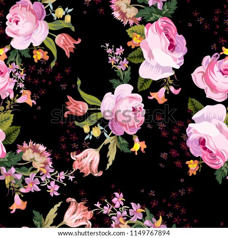 Flower wreath seamless pattern on a black background