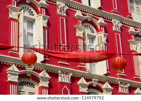 Facade of the red building in China Town, Singapore.