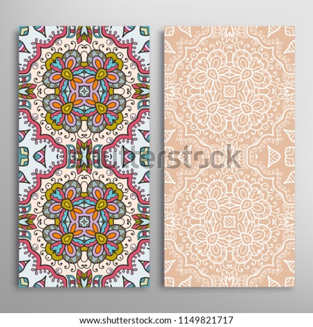 Vertical seamless patterns set, floral geometric lace texture for Wedding, Valentine's day, greeting cards or Birthday Invitations. Decorative seamless backgrounds. Ethnic ornament, border pattern