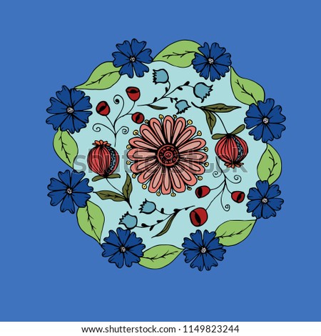 Decorative hand drawn mandala with different flowers, anti stress therapy pattern, blue and red colors. Vector illustration