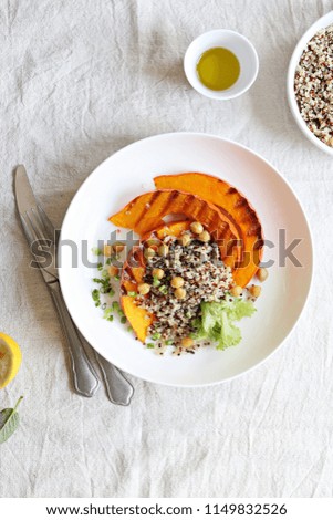 Pumpkin, Quinoa, Chick pea. Plant based, Super food, Clean eating, Vegetarian