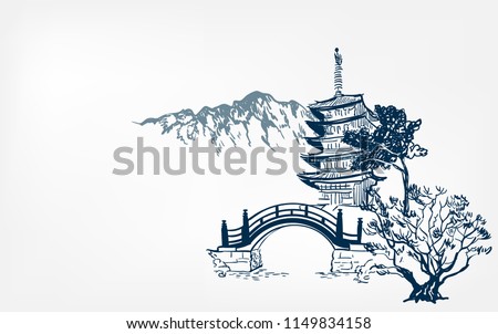 temple card nature landscape view bridge vector sketch illustration japanese chinese oriental line art Royalty-Free Stock Photo #1149834158