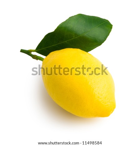 A yellow lemon viewed from above (profile) with its leaf. Laid on a pure white background with clipping path (excluding the drop shadow) Royalty-Free Stock Photo #11498584