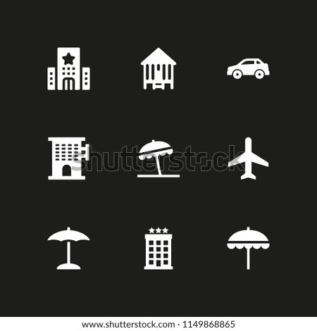 9 vacation icons in vector set. airplane, camping, hotel and beach illustration for web and graphic design