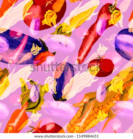 Watercolor seamless pattern with corn, pepper, tomato, eggplant, carrot. Background with vegetables.
