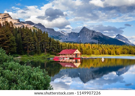 Maligne Lake at sunset, Jasper National Park, Canadian Rockies, Alberta, Canada. Royalty-Free Stock Photo #1149907226