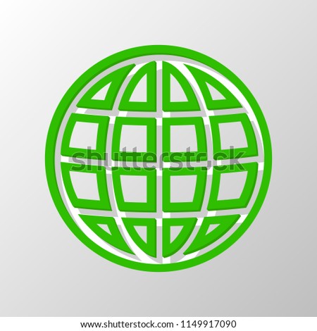 Simple globe icon. Linear, thin outline. Paper style. Cut symbol with green bold contour on shape and simple shadow