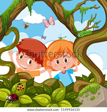 Boy and girl playing in nature illustration