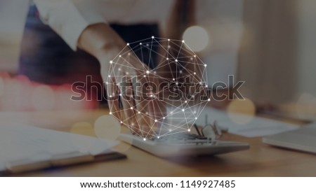 Businessman using calculator and show sign technology icon. Concept of future and trend internet for easy access to information.