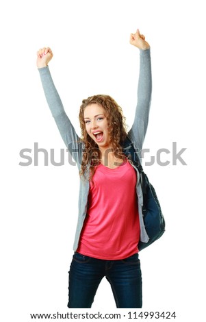 happy student girl raising her hands showing success