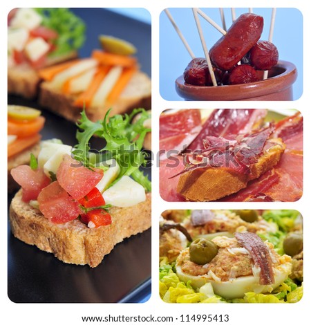 a collage of four pictures of different spanish tapas, as canapes, fried chorizos, pa amb tomaquet and serrano ham or stuffed eggs