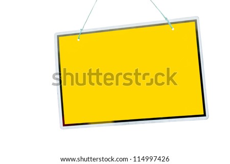 gorgeous yellow sign hanging isolated on a white background (copy-space available for design)
