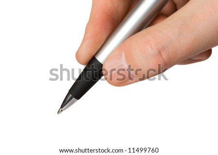 Pen in hand isolated on white background