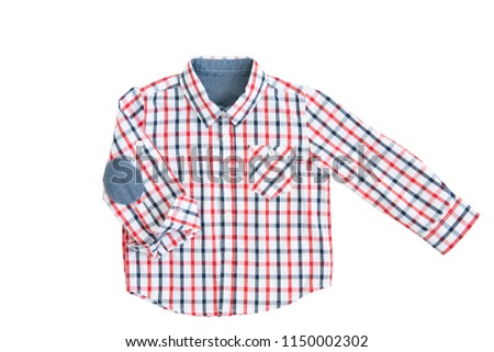 Fashionable blue-red caged shirt for a boy isolated on a white background/ Top view/ Flat lay/ Baby clothes/ Close-up Royalty-Free Stock Photo #1150002302