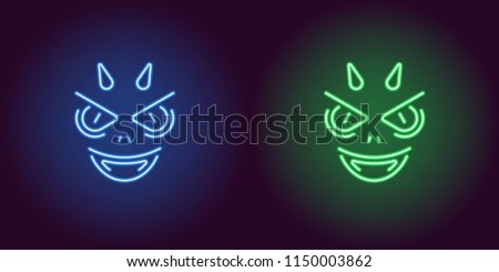 Neon Devil in Blue and Green color. Vector illustration of Demon face with horns and fangs for Halloween party in glowing neon style. Isolated graphic element for Halloween decoration