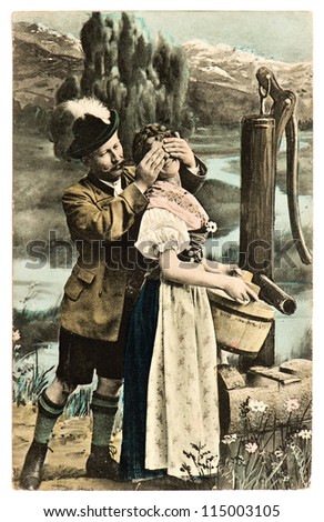 rare antique german post card from 1907 showing funny flirting couple in typical bavarian tracht dress