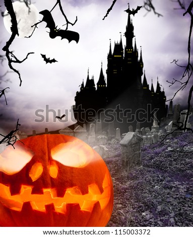  Spooky halloween pumpkin with castle silhouette on background