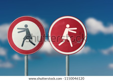 Concept of fright or quarrel - two women run away in different directions. Road signs.