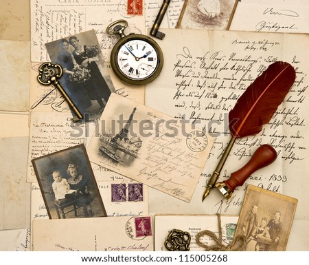 old photos, letters and post cards. nostalgic vintage paper background