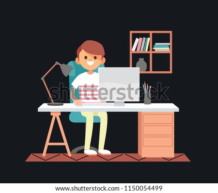 Young male freelancer is working on a computer, sitting at the table. Artist, designer, freelancer, student. Startup business. Vector illustration. Flat 