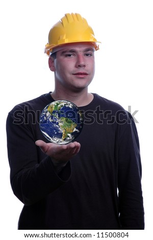 young engineer with earth in hands (earth image courtesy of NASA)
