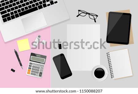 Blank white paper with digital tablet, notebook, pen, black metallic paper clips, calculator, coffee cup, USB Flash Drive, eyeglasses and smartphone on gray and pink background. Vector illustration