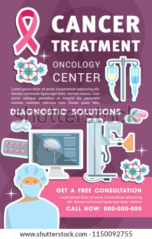 Oncology medicine banner for diagnostic center and medical hospital design. Cancer prevention, diagnostics and treatment solution poster with chemotherapy pill and capsule, brain and breast MRI scan