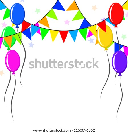 decorative colorful balloons and pennants over white background. birthday party decorations. stock illustration