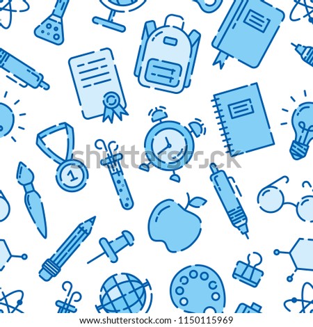 Back to school seamless outline pattern, icons of school supplies. Welcome back to school background. Learning and education. Vector illustration, eps 10.
