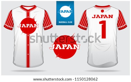 Japan Baseball jersey, sport uniform, raglan t-shirt sport, short, sock template. Baseball t-shirt mock up. Front and back view baseball uniform. Flat baseball logo on blue label. Vector Illustration.