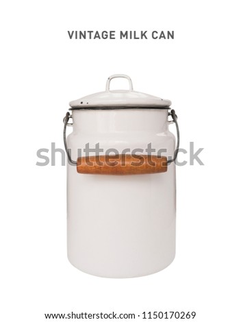 An isolated photograph of a vintage enamel milk can. Side view.
