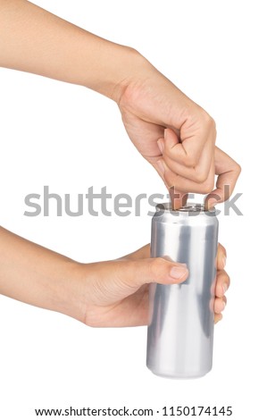 hand open metal can isolated on white background Royalty-Free Stock Photo #1150174145