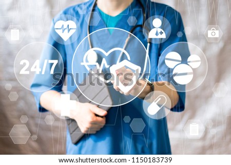 Doctor pushing button heart pulse security shield virus healthcare network on virtual web panel.
