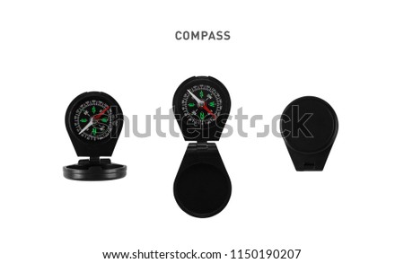 An isolated photograph of a vintage compass, open and closed, top view.