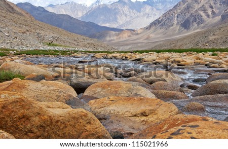 Stream in spring season, on the way to Nubra valley, Ladakh, India