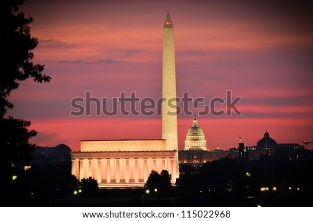 Washington DC city view  including Lincoln Memorial, Washington Monument and United States Capitol building
