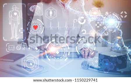 Unrecognizable woman doctor sitting in her office. A glowing immersive interface with medical icons in the foreground. Concept of the future of medicine. Toned image double exposure