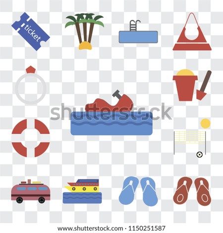 Set Of 13 simple editable icons such as Water craft, Flip flops, Cruise, Minivan, Beach volleyball, Lifebuoy, Sand bucket, Ring, web ui icon pack