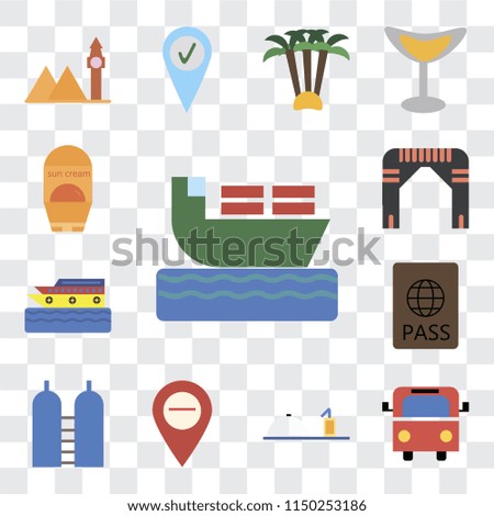 Set Of 13 simple editable icons such as Ship, Bus, Room service, Map, Oxygen, Passport, Cruise, Arch, Sun protection, web ui icon pack