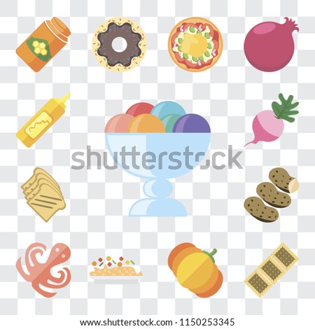 Set Of 13 simple editable icons such as Ice cream, Biscuit, Pumpkin, Risotto, Octopus, Potatoes, Toast, Radish, Mustard, web ui icon pack