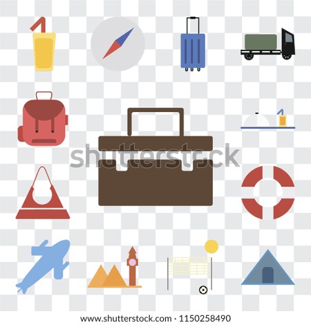 Set Of 13 simple editable icons such as Suitcase, Tent, Beach volleyball, Landmark, Plane, Lifebuoy, Purse, Room service, Backpack, web ui icon pack